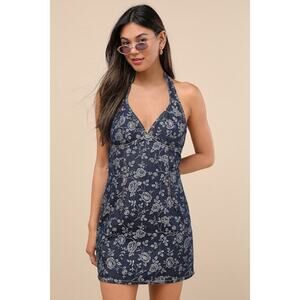Lulus Summertime Inspiration Dark Wash Floral Denim Halter Mini Dress Blue
